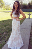 Mermaid Lace Sweep Train Pearl Pink Scoop Beads Two Piece New Style Prom Dresses RJS300