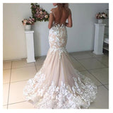 Mermaid Light Pink Backless Lace Appliques Wedding Dresses Short Sleeve Bride Dress Rjerdress
