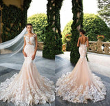 Mermaid Light Pink Lace Appliques Wedding Dresses Short Sleeve Bride Dress Rjerdress