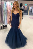 Mermaid Long Dark Navy Lace Applique Evening Dress With Beads, Gorgeous Tulle Prom Dress With Beading