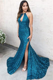 Mermaid Long Sequin Halter Backless Beads Prom Dresses With Side-Slit Cheap Evening Dresses RJS224