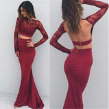 Mermaid Long Sleeve Two Pieces Prom Dresses Burgundy Backless Evening Dresses rjs662 Rjerdress