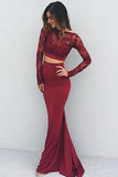 Mermaid Long Sleeve Two Pieces Prom Dresses Burgundy Backless Evening Dresses rjs662
