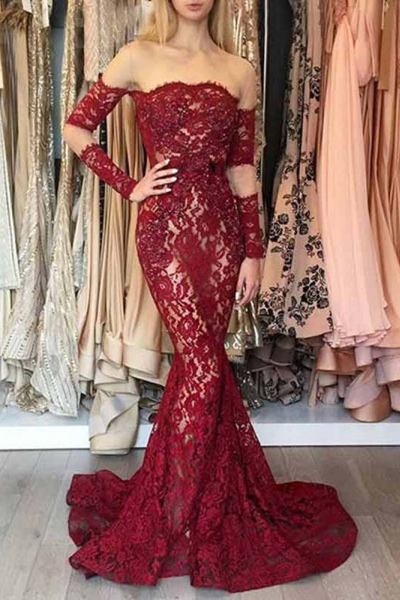 Mermaid Long Sleeves Dark Red Off the Shoulder Lace Prom Dresses with Train RJS367 Rjerdress