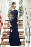 Mermaid Long Sleeves Navy Blue Scoop Prom Dresses Long Formal Dresses RJS452
