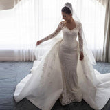 Mermaid Long Sleeves Tulle Wedding Dresses With Applique Court Train Detachable Rjerdress