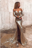 Mermaid Long Split Prom Dress Gold Sequined Evening Dress With Sleeves Rjerdress