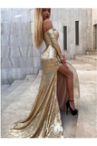 Mermaid Long Split Prom Dress Gold Sequined Evening Dress With Sleeves Rjerdress