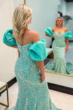 Mermaid Off The Shoulder Sweetheart Puff Sleeves Sequins Long Prom Dress Rjerdress