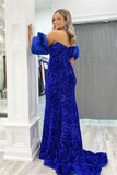 Mermaid Off The Shoulder Sweetheart Puff Sleeves Sequins Long Prom Dress Rjerdress