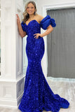Mermaid Off The Shoulder Sweetheart Puff Sleeves Sequins Long Prom Dress