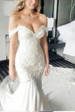 Mermaid Off-the-Shoulder Ivory Lace Long Cheap Sweetheart Backless Plus Size Wedding Dress Rjerdress