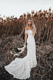 Mermaid Off the Shoulder Lace Beach Wedding Dress, Long Rustic Wedding Dresses N2253 Rjerdress