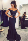 Mermaid Off the Shoulder Navy Blue Sweetheart Prom Dresses with Sequins Rjerdress