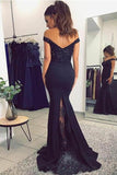 Mermaid Off the Shoulder Navy Blue Sweetheart Prom Dresses with Sequins Rjerdress