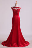 Mermaid Party Dresses Scoop Satin & Tulle Burgundy/Maroon With Beading Sweep Train Rjerdress