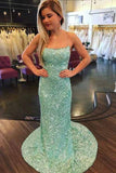 Mermaid Prom Dresses Spaghetti Straps Sequin Backless Sweep Train Rjerdress