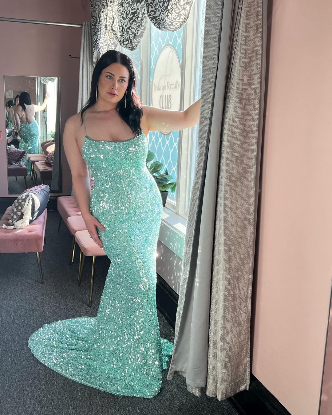 Mermaid Prom Dresses Spaghetti Straps Sequin Backless Sweep Train Rjerdress