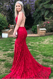 Mermaid Red Lace Backless V Neck Long Prom Dresses Cheap Evening Dresses RJS726