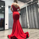 Mermaid Red Off the Shoulder Red Long Prom Dresses Backless Evening Dresses Rjerdress