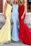 Mermaid Red Spaghetti Straps Red Lace Appliques Fashion Prom Dresses Long Cheap Evening Dresses