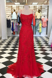 Mermaid Red Spaghetti Straps Red Lace Appliques Fashion Prom Dresses Long Cheap Evening Dresses Rjerdress