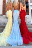 Mermaid Red Spaghetti Straps Red Lace Appliques Fashion Prom Dresses Long Cheap Evening Dresses Rjerdress