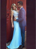 Mermaid Round Neck Sky Blue Satin Prom Dress with Lace Evening Dresses RJS642 Rjerdress