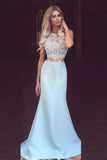 Mermaid Round Neck Sky Blue Satin Prom Dress with Lace Evening Dresses RJS642