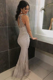 Mermaid Round Neck Sleeveless Open Back Tulle Long Prom Dresses with Beading Rrjs703