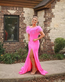Mermaid Satin Off The Shoulder Feathers Long High Split Prom Dresses Rjerdress