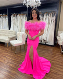 Mermaid Satin Off The Shoulder Feathers Long High Split Prom Dresses