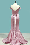 Mermaid Satin Off-the-Shoulder Sweetheart Backless High Low Bridesmaid Dress Rjerdress