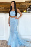 Mermaid Scoop Neck Two Piece Applique Lace Prom Dresses Rjerdress
