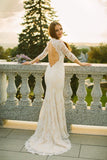 Mermaid Scoop Wedding Dresses 3/4 Length Sleeves Lace Open Back Rjerdress