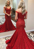 Mermaid Sexy V Neckline Red Evening Dress Trumpets Shape Lace Prom Dress RJS112
