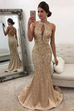 Mermaid Sleeveless Halter Sequins Golden Open Back Sweep Train Satin Prom Dresses Rrjs556