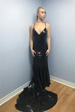 Mermaid Spaghetti Straps Backless Black Sequined Prom Dresses V Neck Formal Dress P1005 Rjerdress