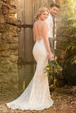 Mermaid Spaghetti Straps Backless Ivory Lace Wedding Dress Rjerdress