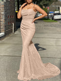 Mermaid Spaghetti Straps Open Back Prom Dresses Polyester Floor Length Evening Dresses Rjerdress