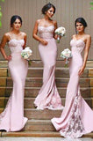 Mermaid Spaghetti Straps Satin Long Bridesmaid Dresses with Lace Appliques Rjerdress