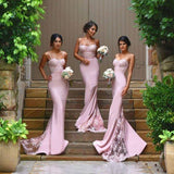 Mermaid Spaghetti Straps Satin Long Bridesmaid Dresses with Lace Appliques Rjerdress