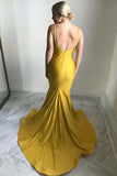 Mermaid Spaghetti Straps Satin Sweep Train Yellow Prom Dresses Rjerdress