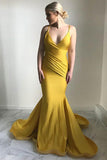 Mermaid Spaghetti Straps Satin Sweep Train Yellow Prom Dresses