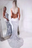 Mermaid Spaghetti Straps Silver Sequins V Neck Backless Prom Dresses Long Evening Dress Rrjs697