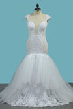 Mermaid Spaghetti Straps Tulle Bridal Dresses With Applique Cathedral Train