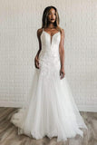 Mermaid Spaghetti Straps Tulle With Lace Applique Wedding Dresses, Sleeveless Beach Bride Dress