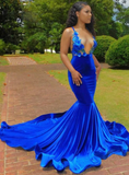 Mermaid Spaghetti Straps V Neck Royal Blue Velvet Backless Appliques Sweep Train Prom Dresses Rjerdress