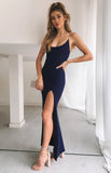 Mermaid Spaghetti Straps V Neck Side Slit Black Prom Dresses Long Simple Formal Dresses