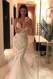 Mermaid Spaghetti Straps Wedding Dresses With Applique And Beads Tulle Rjerdress